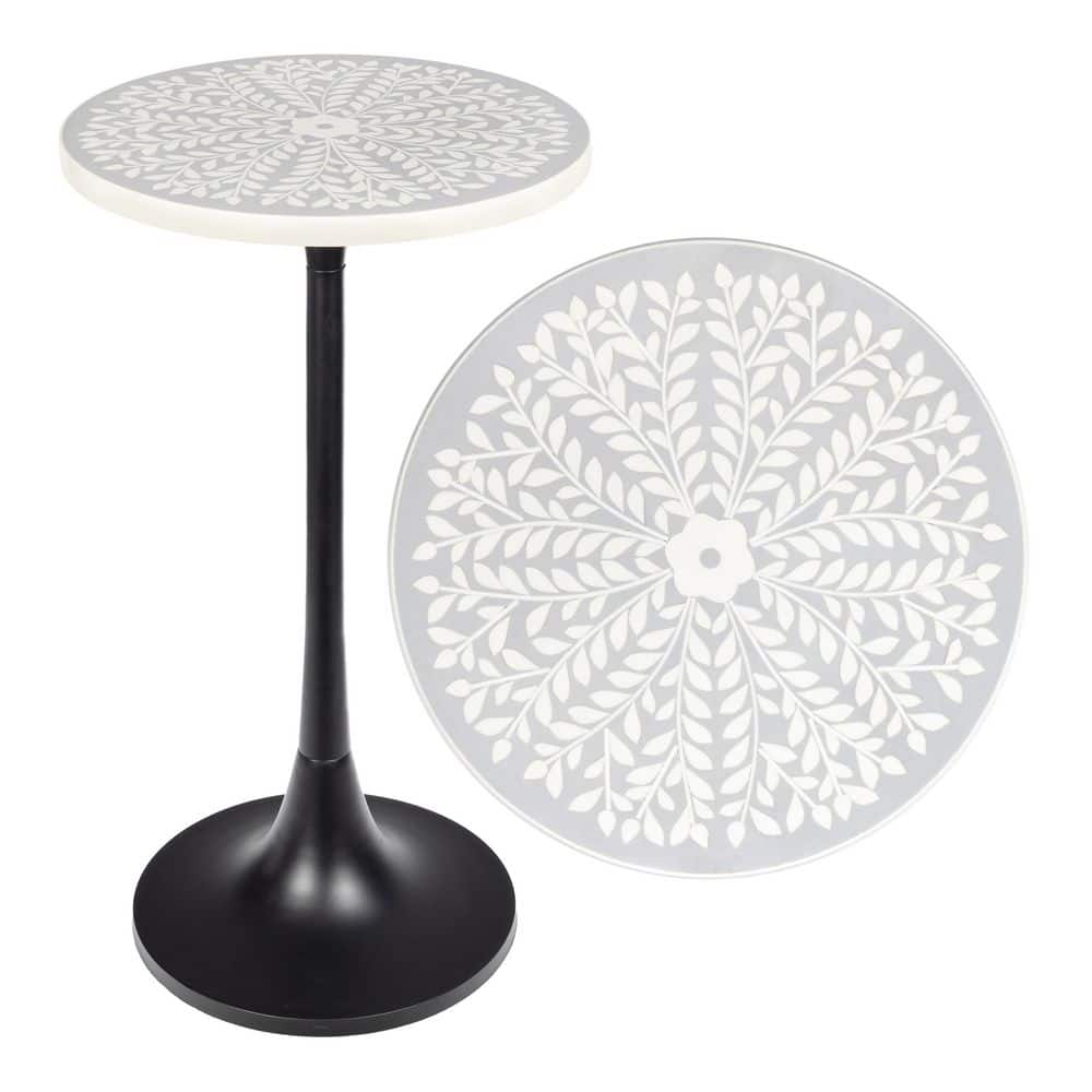 Nysha 14 in. Modern Bohemian Round Metal/Resin Inlay Top Pedestal Drink Table and Decorative End Table, Gray/White