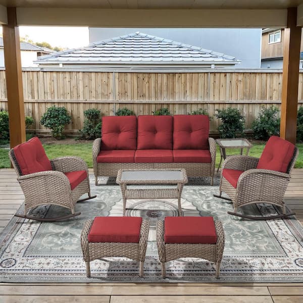 PlainCurve 7-Piece Gray Wicker Patio Conversation Set with Rocking Chairs and Olefin Red Cushions