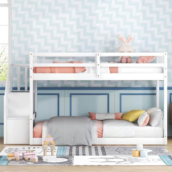 White Twin Over Twin Bunk Bed for Kids, Solid Wood Floor Bunk Bed Frame with Storage Staircase and Safety Guardrails
