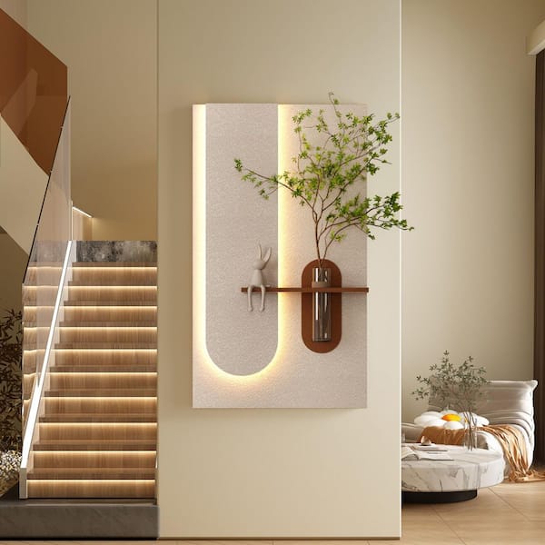 23.62 in. x 41.34 in. Beige 3D LED Sandstone Wall Architectural Decor with Glass Vase and Rabbit Statue by PVC