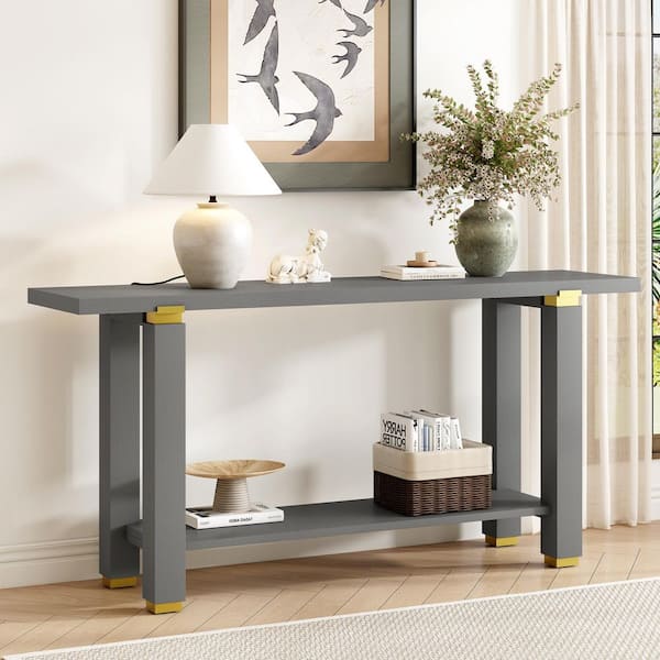 Metal Accents 63 in. Gray Rectangle Pine Wood Veneer and MDF Console Table with Bottom Shelf