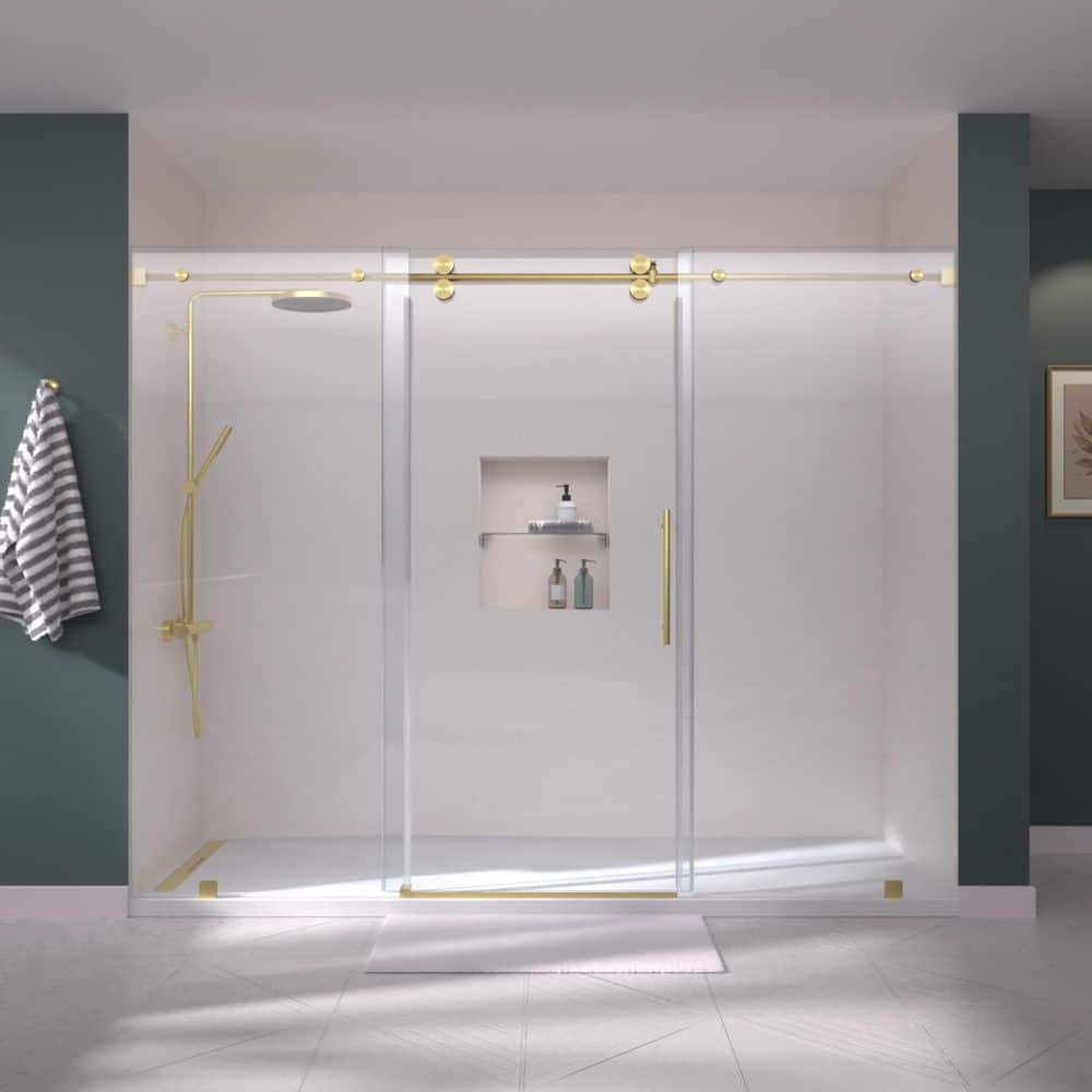 "RADX 92 in. - 96 in. W x 76 in. H Sliding Frameless Shower Door in Brushed Gold with EnduroShield 3/8"" Clear Glass" price history on PriceWatchPro