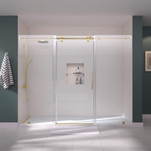 RADX 92 in. - 96 in. W x 76 in. H Sliding Frameless Shower Door in Brushed Gold with EnduroShield 3/8 in. Clear Glass