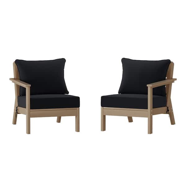 WESTIN OUTDOOR Birchwood Weathered Wood Arrangeable Outdoor Patio 2-Piece Deep Seating HDPE Loveseat Arm Chair Set with Black Cushions