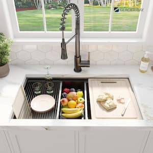 33 in. Gunmetal Black Stainless Steel Double Bowl Undermount Workstation Kitchen Sink with Black Spring Neck Faucet