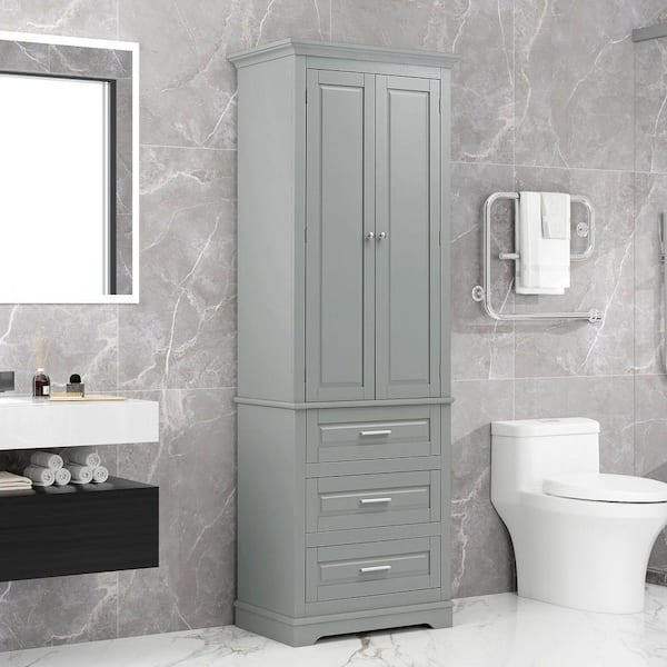 24 in. W x 16 in. D x 70 in. H Gray Wooden Linen Cabinet, Tall Storage Cabinet with 3-Drawers for Bathroom/Office