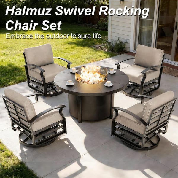 7-Piece Outdoor Aluminum Swivel Rocking Chairs Patio Converstion Set with 40,000BTU Round Fire Pit Table, Sand Cushions