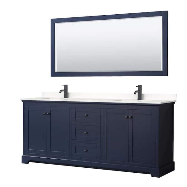 Wyndham Collection Avery 80 in. W x 22 in. D x 35 in. H Double Bath Vanity in Dark Blue with White Quartz Top and 70 in. Mirror