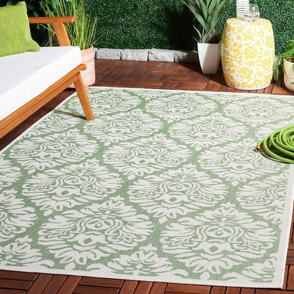 Bermuda Ivory/Green 7 ft. x 7 ft. Border Ornate Trellis Square Indoor/Outdoor Area Rug