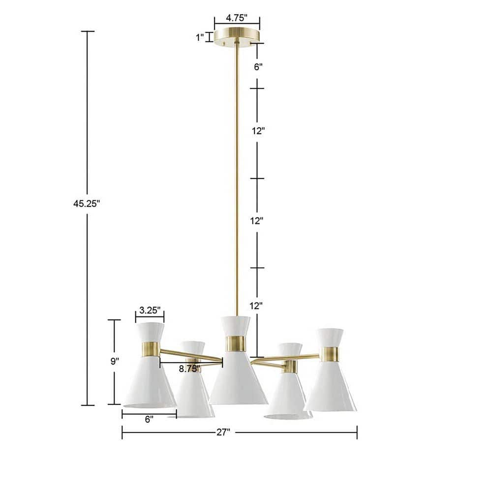 Ezra Mid-Century 5-Light Chandelier in Antique Brass with White Shades