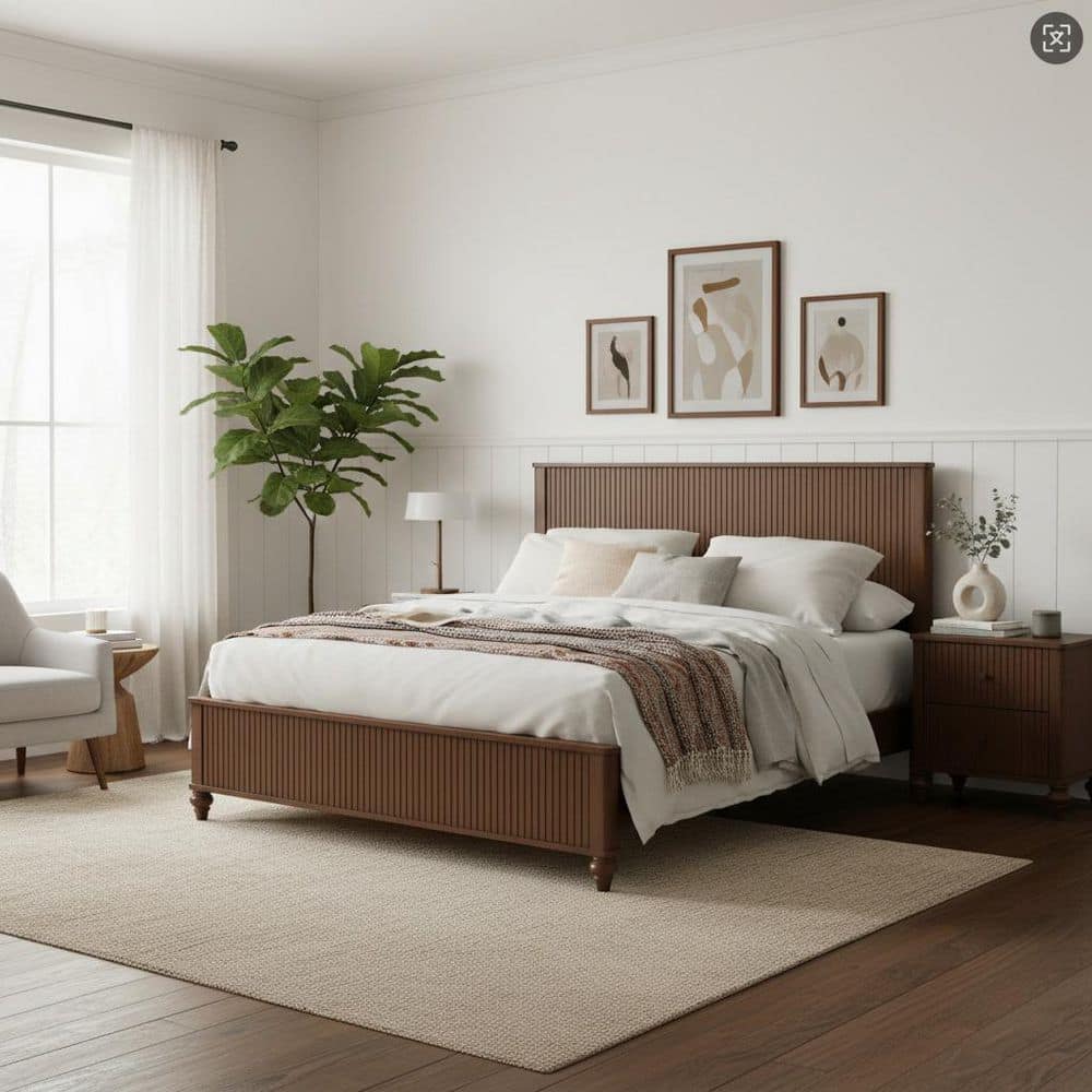Premium Walnut Brown Wood Frame Queen Size Platform Bed with Ribbed Headboard and Footboard price history on PriceWatchPro