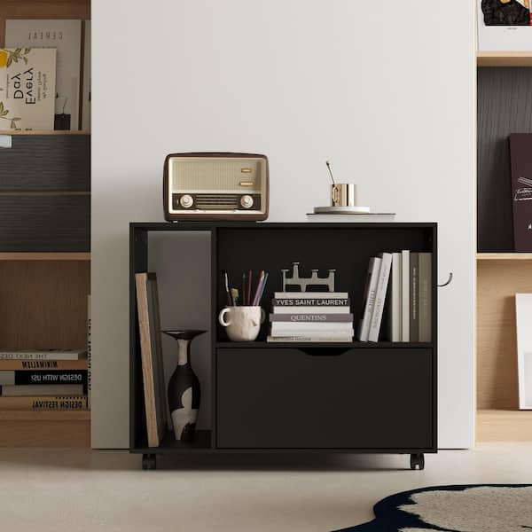 31.5 in. W Black Rectangle Wood Movable End Table, Game Center Table with 1 Drawer & 2 Open Shelves