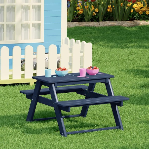 Children's Laguna Outdoor Patio All Weather Plastic 29.75 in. Rectangle Kids Picnic Play Table with Benches in Navy Blue