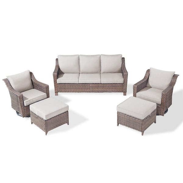 SlideArm Brown 5-Piece Wicker Swivel Glider Patio Conversation Set, Sofa Seating Set with Olefin Beige Cushions