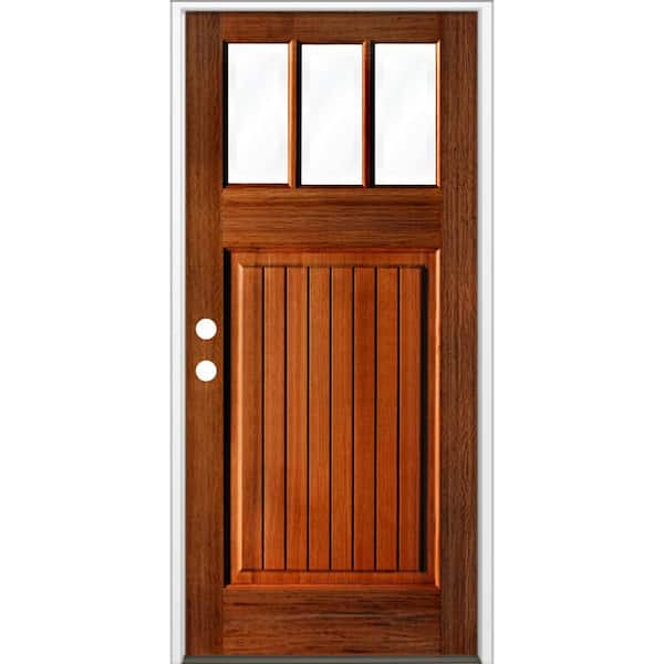 36 in. x 80 in. Craftsman 3 Lite V Groove Red Chestnut Stain Right-Hand/Inswing Hemlock Prehung Front Door