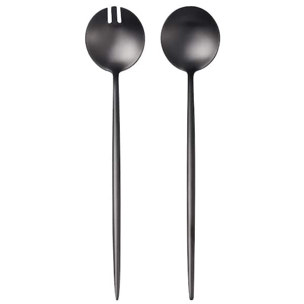 Black Stainless Steel Salad Serving Utensils Set 2-Piece Long Handle Matte Finish 11.4 in. Server Set
