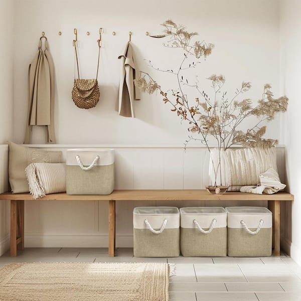 Afoxsos White & Khaki 11 in. x 11 in. Linen Fabric Cube Storage