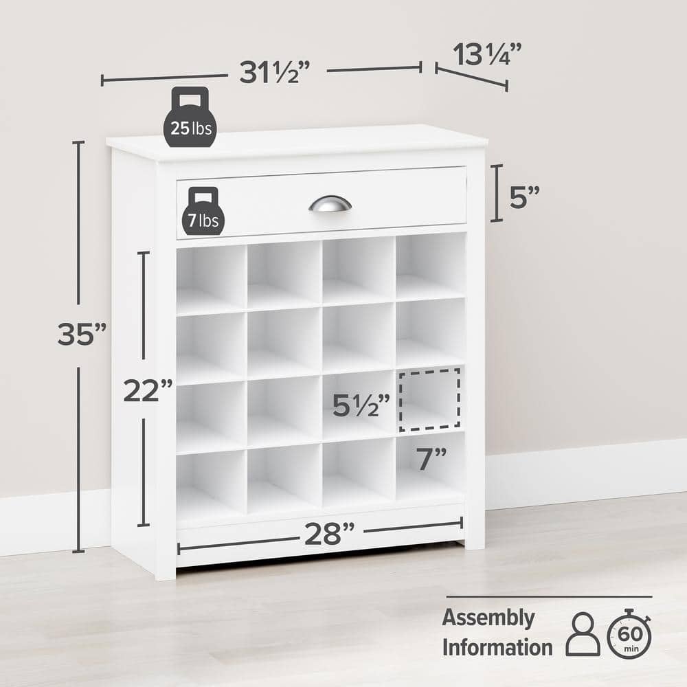 White 16-Cubby Entryway Shoe Storage Cabinet with Drawer