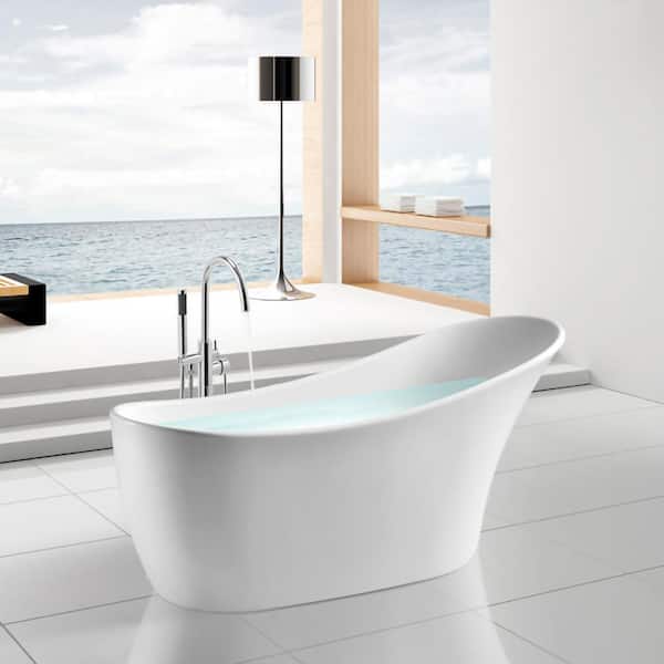 AKDY 63 in. Fiberglass Flatbottom Non-Whirlpool Bathtub in Glossy White with Tub Filler Combo Modern Stand Alone Tub