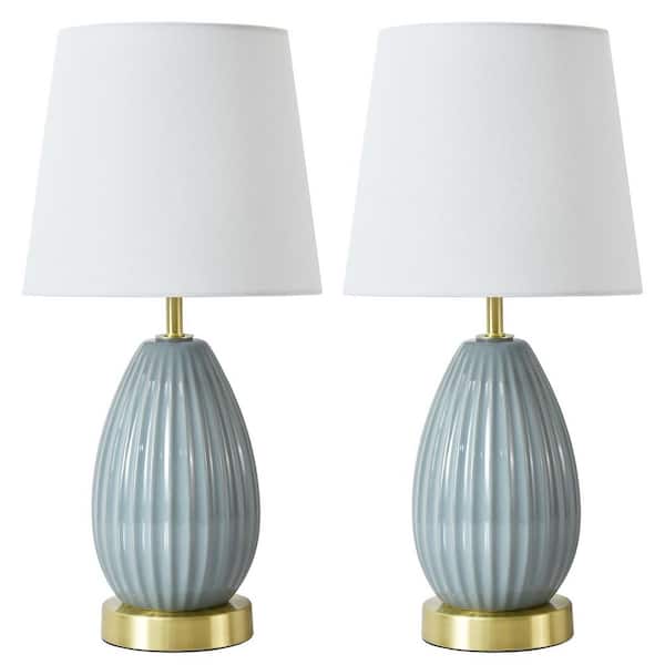17 in. Blue Contemporary Ceramic Pull Chain Table Lamp for Bedroom with Linen Shade, Set of 2