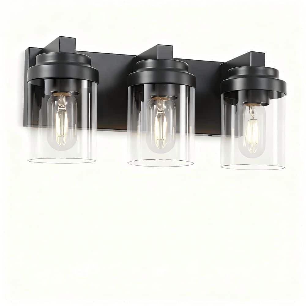 Modern 16 in. 3 Light Black Vanity Light Over Mirror Bath Wall Lighting Fixtures with Clear Glass Shade price history on PriceWatchPro