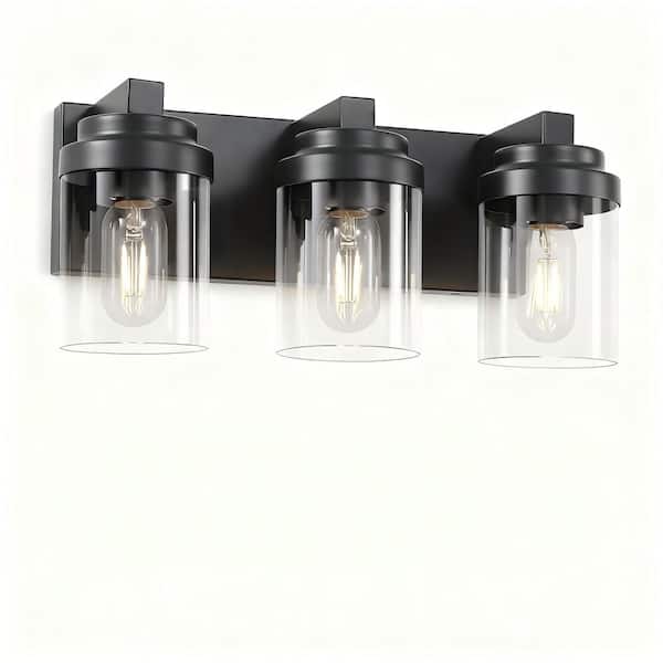 Modern 16 in. 3 Light Black Vanity Light Over Mirror Bath Wall Lighting Fixtures with Clear Glass Shade