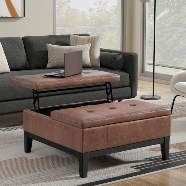 Simpli Home Dover 36 in. Square Lift Top Coffee Table Storage Ottoman in Distressed Saddle Brown Vegan Faux Leather, Assembled