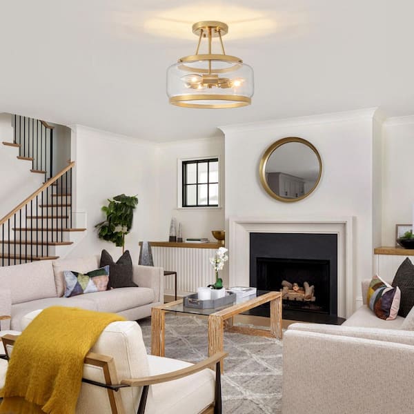 ZSMIHDOH 10.7 in. 3-Light Gold Modern Glass Drum Semi Flush Mount