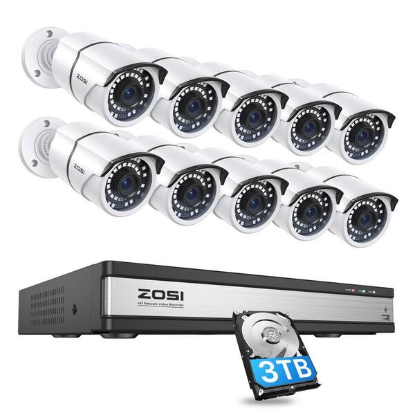 ZOSI 4K 16-Channel 3TB POE NVR Security Cameras System with 10-Wired 5MP Outdoor IP Bullet Cameras, 120 ft. Night Vision