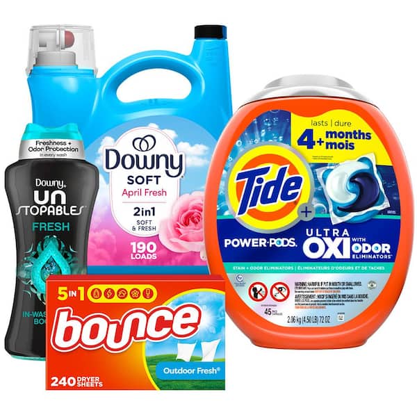 Ultra OXI Power Unscented Laundry Detergent Pods (45-CNT) + Fabric Softener + Scent Booster + Dryer Sheets Bundle