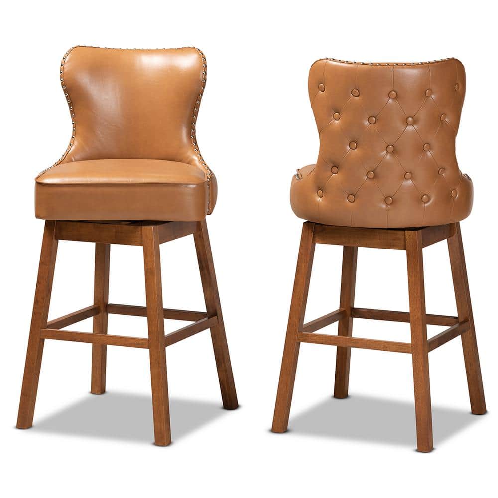 Walnut Wood and Tan Leather Swivel Barstool with Copper Accents