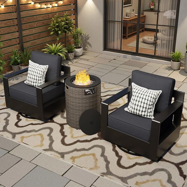3-Piece Fire Pit Patio Set Aluminum Outdoor Patio Conversation Set with Swivel Rocking Chairs and Thick Gray Cushions