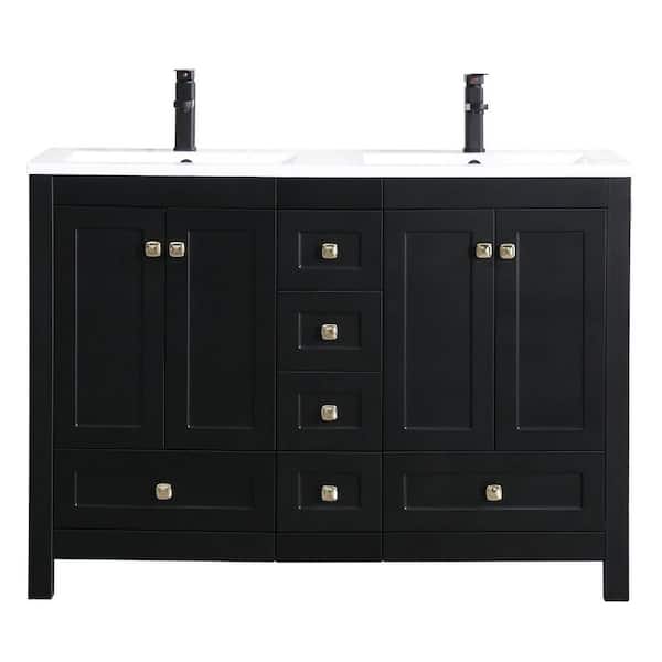 48 in. W. x 18 in. D x 34 in. H Double Sink Freestanfing Bath Vanity in Black with White Resin Top and Drain Faucet Set