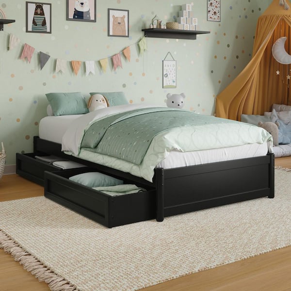 Barcelona Black Solid Wood Frame Twin Panel Platform Bed with Storage Drawers