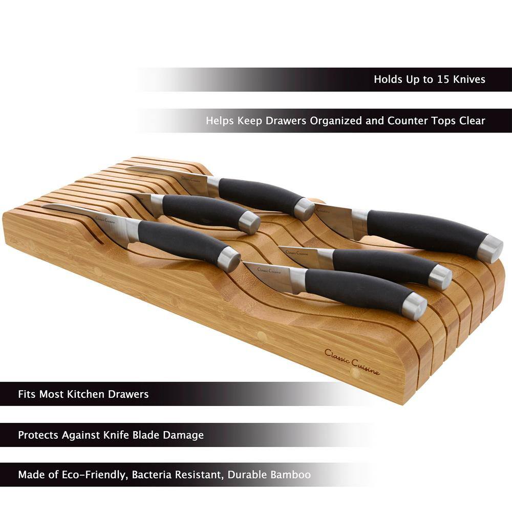 Classic Cuisine In Drawer Bamboo Knife Block and Cutlery Storage Organizer, Holds up to 15 Knives Bacteria Resistant and Protects Blades
