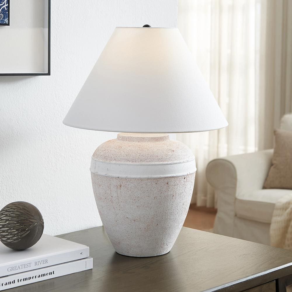 White Ceramic Urn-Shaped Nightstand Lamp with Fabric Shade