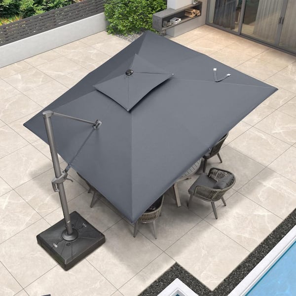 PURPLE LEAF 10 ft. Square Double Top Aluminum Rotation Outdoor Cantilever Patio Umbrella with Base, Graphite Grey
