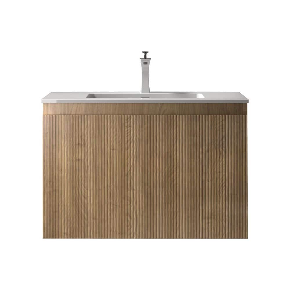 Liner 36 in. Single Yellow Oak Bath Vanity Wall-mounted Floating Vanities with Gloss White Resin Stone Top 2 Drawers price history on PriceWatchPro