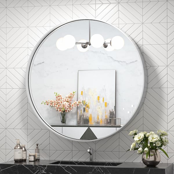 TETOTE 24 in. W x 24 in. H Medium Round Metal Framed Modern Wall Mounted Bathroom Vanity Mirror in Brush Nickel