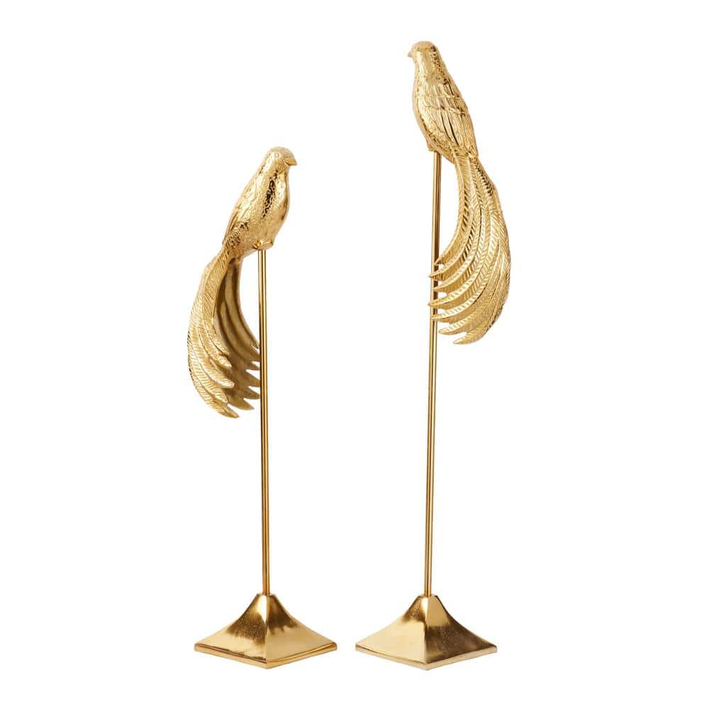 Tall Gold Aluminum Bird Sculptures Set of 2