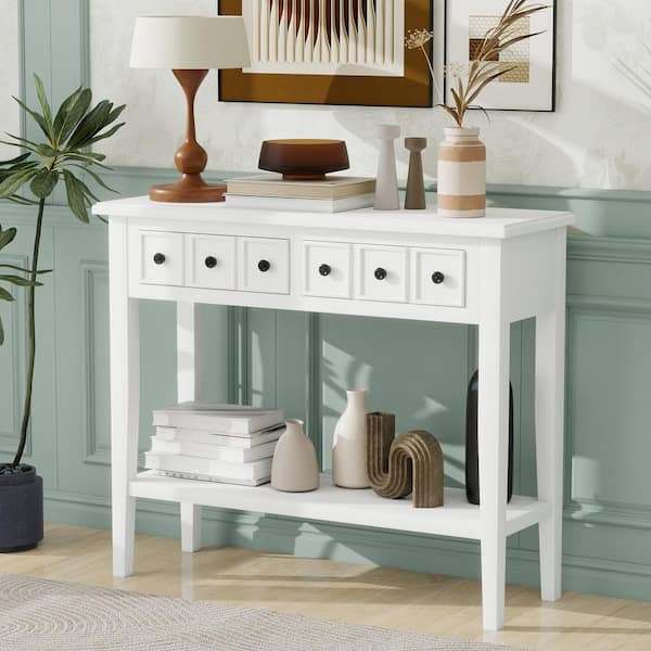Qualler 38.2 in. White Rectangle MDF Console Table with 2-Drawers and Open Shelf