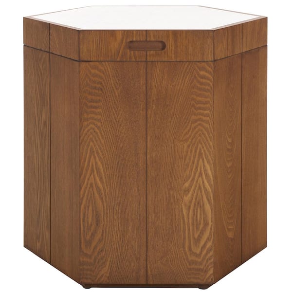 SAFAVIEH Rafaela 20 in. Walnut/White Hexagon Wood End Table with Storage