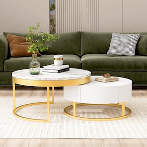 Modern Nesting 31.5 in. Golden White Round MDF Lift-top Coffee Table with Drawers
