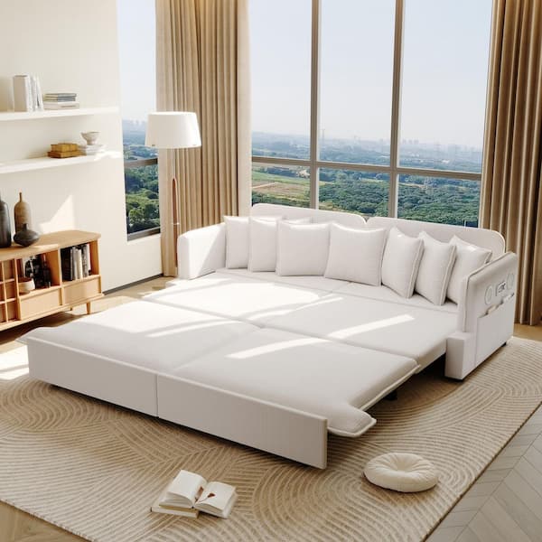 Convertible 81.8 in. Beige White Near King Size Pull Out Sofa Bed with Bluetooth Speakers, USB Ports and 7-Pillows