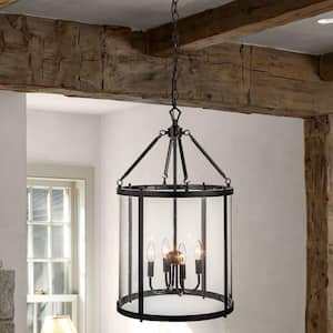 Ellison Industrial 4-Light Black Lantern Geometric Chandelier with Seedy Glass