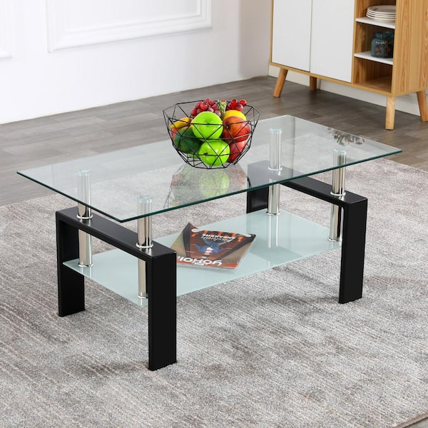 Winado Glass Double Tiers Coffee Table Rectangular Black 803354855209 ...