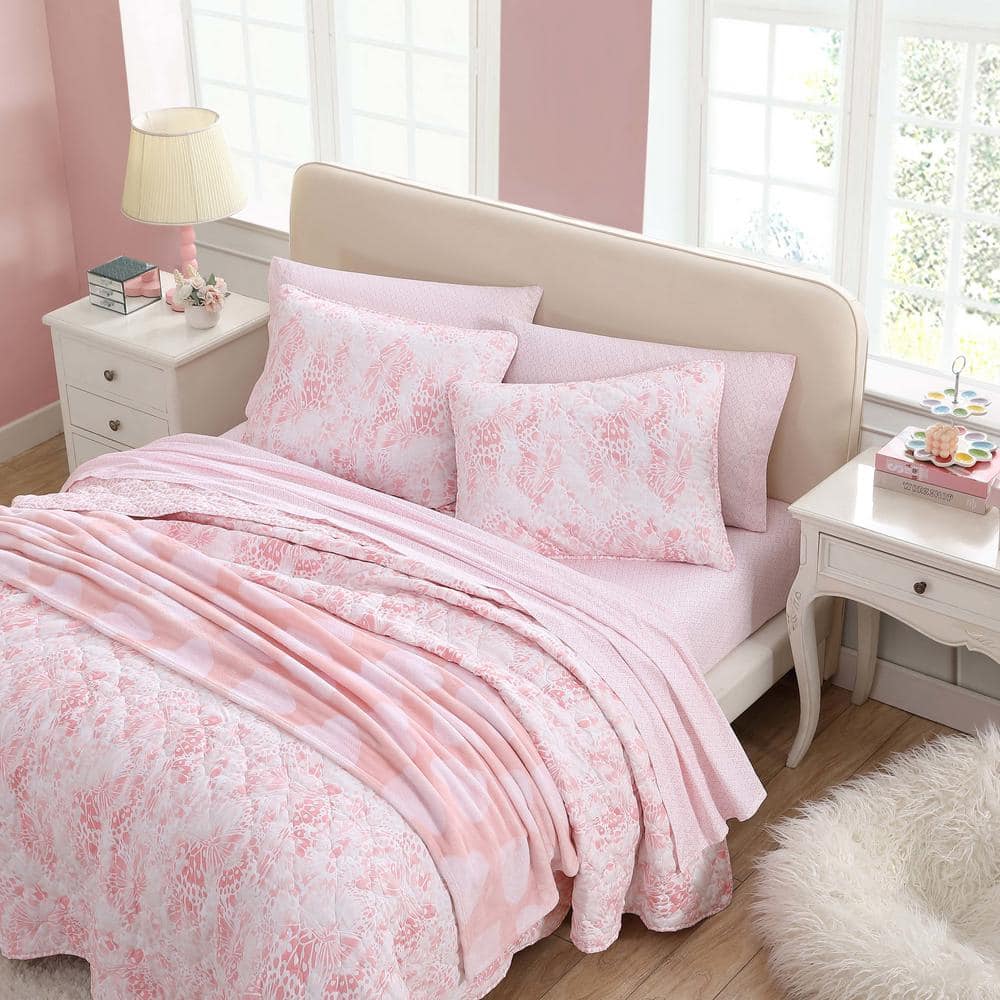 Full Pink Microfiber Reversible Quilt Set with Shams