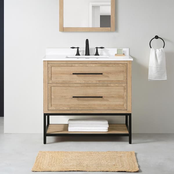 Home Decorators Collection Corley 36 in. W x 19 in. D x 34 in. H Single Sink Bath Vanity in Weathered Tan with White Engineered Stone Top