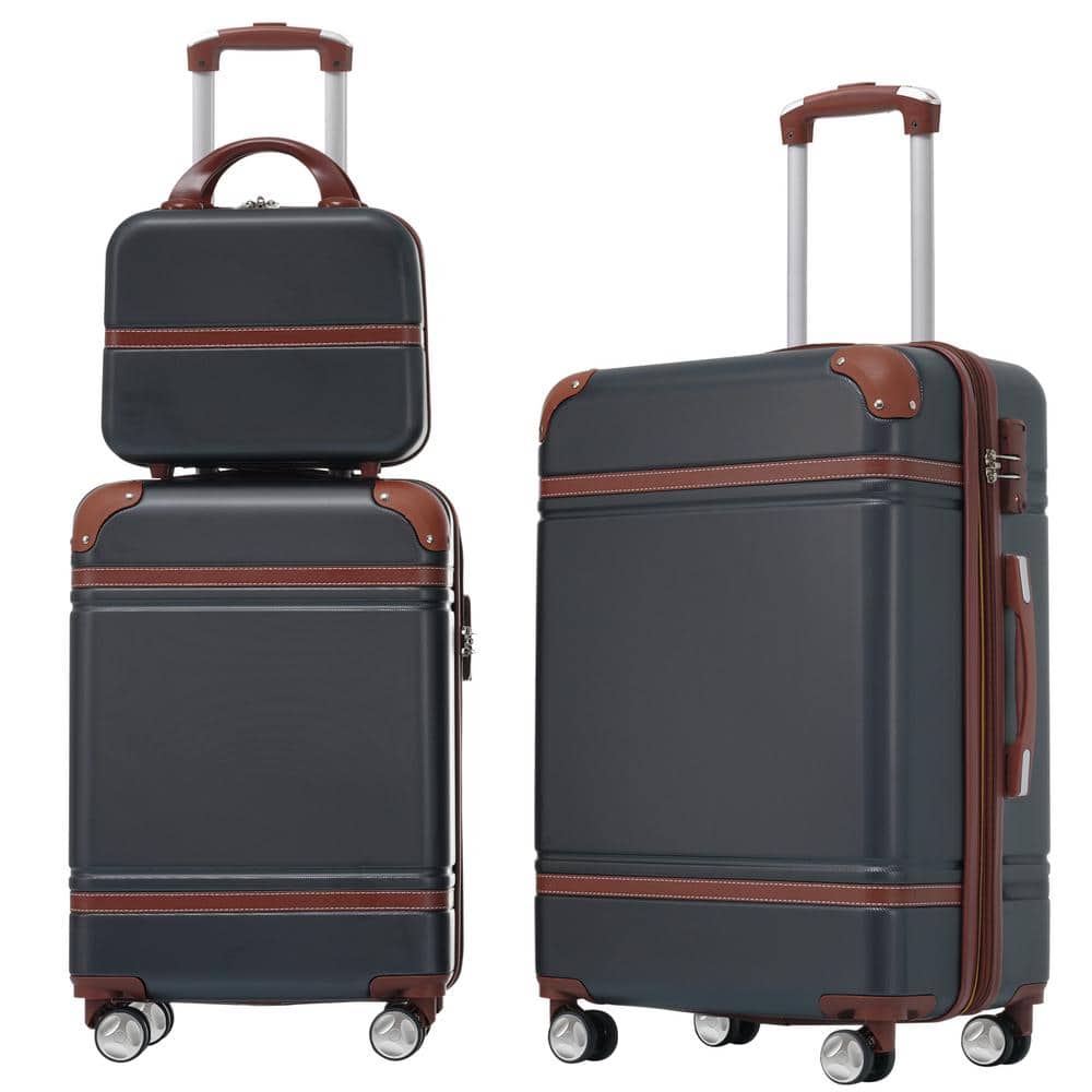 Black Lightweight 3-Piece Expandable ABS Hardshell Spinner 20" + 24" Luggage Set with Cosmetic Case, 3-Digit TSA Lock
