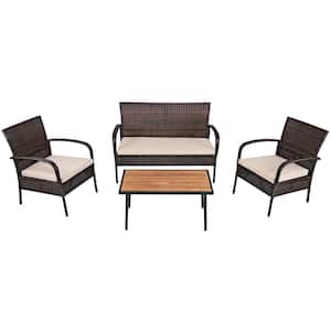 Rattan 4-Piece Wicker Patio Conversation Set Outdoor Furniture Set with Yellowish Cushion